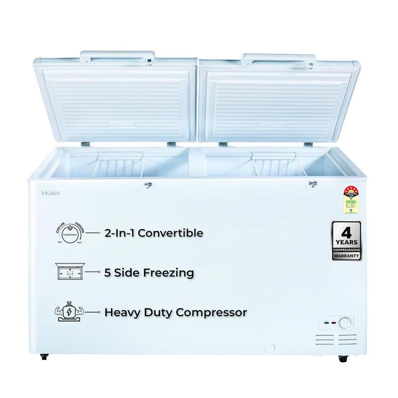 Haier HFC-500DM5, 5 Star Rating Double Door Convertible Deep Freezer, 5 Side Freezing, Dual Condenser, Inside Metal Liner with 70mm Puff Thickness (White 439L)