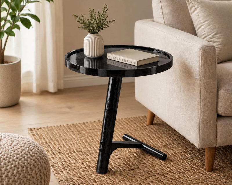 Solid Sheesham Wood C Shape Side Table for Living Room | Modern Sofa End Table | Wooden Laptop Table for Bed | 