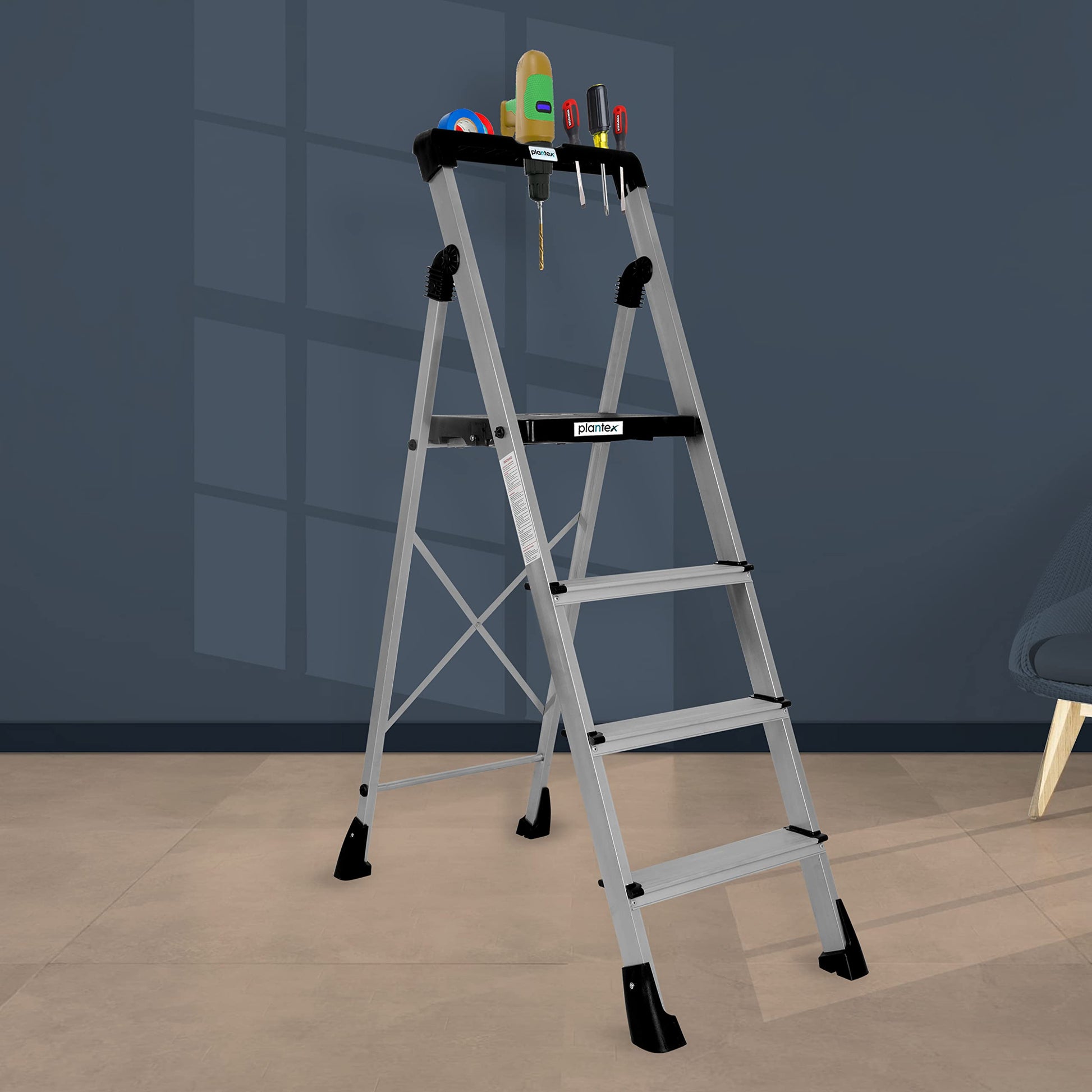 Plantex Stylo Heavy-Duty Mild-Steel Folding 6 Step Ladder for Home with Advanced Locking System/Wide Anti-Skid Step Ladder (Black & Blue)