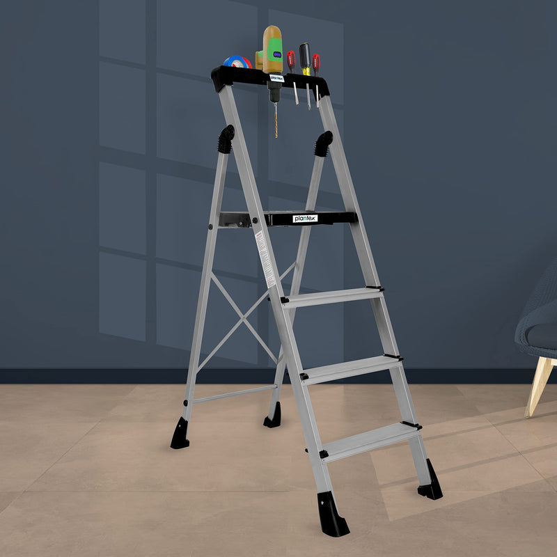 Plantex Stylo Heavy-Duty Mild-Steel Folding 6 Step Ladder for Home with Advanced Locking System/Wide Anti-Skid Step Ladder (Black & Blue)