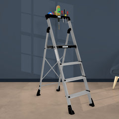 Plantex GI Steel 4-Step Ladder for Home/Easy to fold/Anti-Skid Wide Steps Ladder - (Aura, Black & Grey)