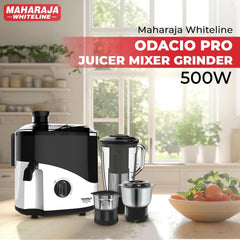Maharaja Whiteline Odacio Pro Juicer Mixer Grinder With 3 Versatile Jars || 500 Watt || Food Grade Safe || 2 Year Warranty || Black and White