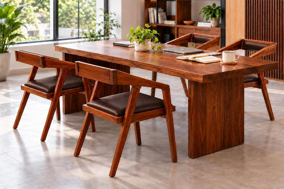 Solid Sheesham Wood Cafe Arm Chair, Walnut + Chocolate Upholstered Seat, Modern Wooden Accent Chair, Set of 2 (