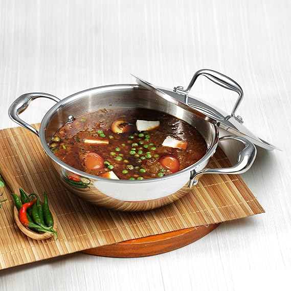 Vinod Platinum Triply Stainless Steel Kadai with Lid (Induction Friendly)