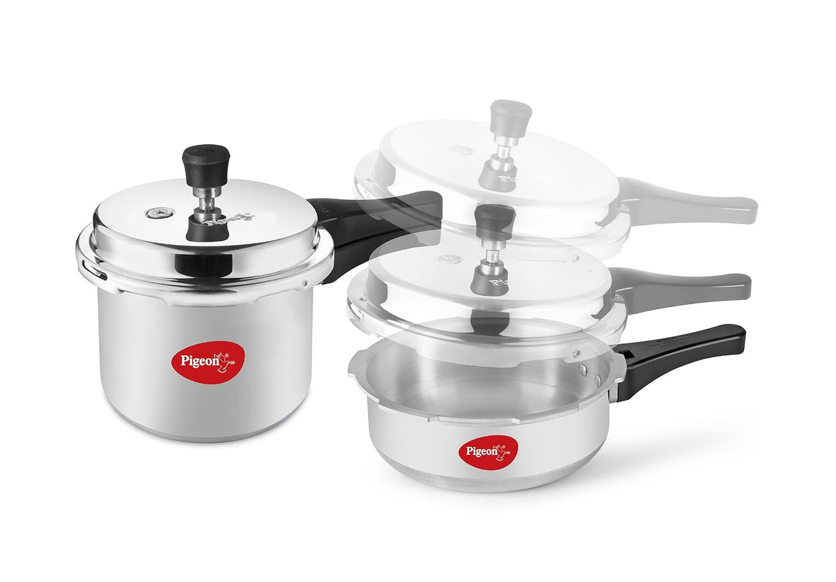 Pigeon by Stovekraft Mini Combi Aluminium Pressure Outer Lid Cooker Set, 2 and 3 Litres with Common Lid (12610) - Silver