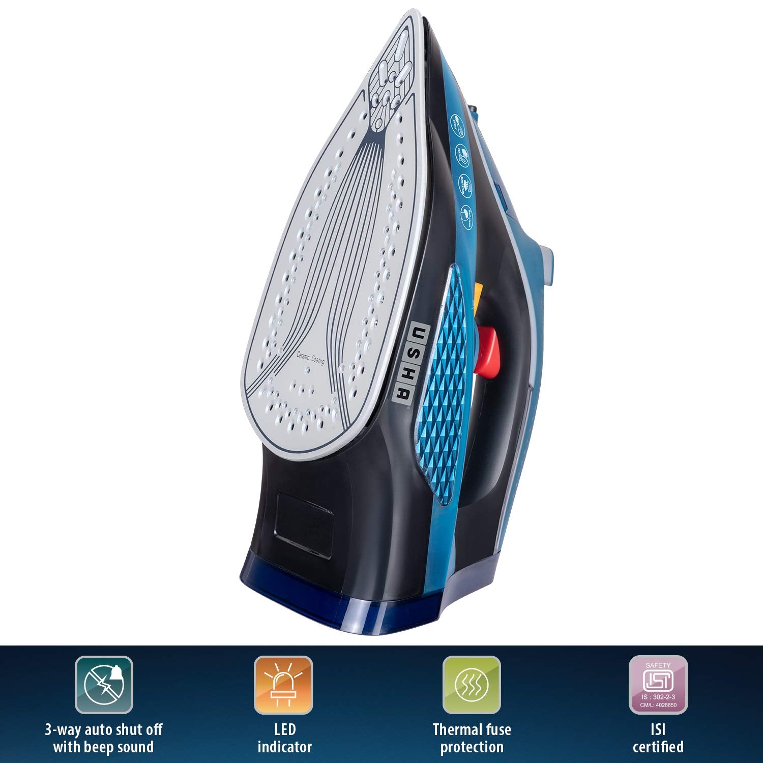 USHA Aqua Glow 2000 watts Steam Iron with Innovative Led Indicator | Ceramic Soleplate |Powerful Steam Output upto 20gm/min | 300ml Water Tank Capacity |Self Cleaning Function| 2 Years Warranty|(Blue)