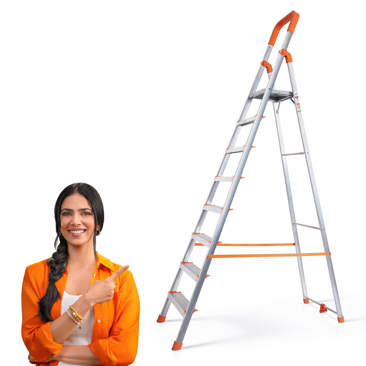 PROHOME Aluminium Ladder for Home 6 Steps Foldable with Tool Tray & Anti-Skid Wide Steps | 6 Step Ladder for Home Use, Kitchen & Household | 250 Kg Capacity Folding Ladder | 5 Year Warranty (Orange)
