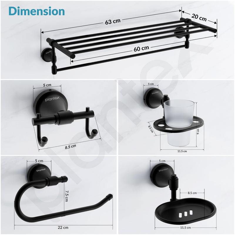 Plantex 304 Grade Stainless Steel Bathroom Accessories Set of 5 - Towel Stand/Napking Ring/Soap Stand/Toothbrush Holder/Robe Hanger - Niko (Black)-2