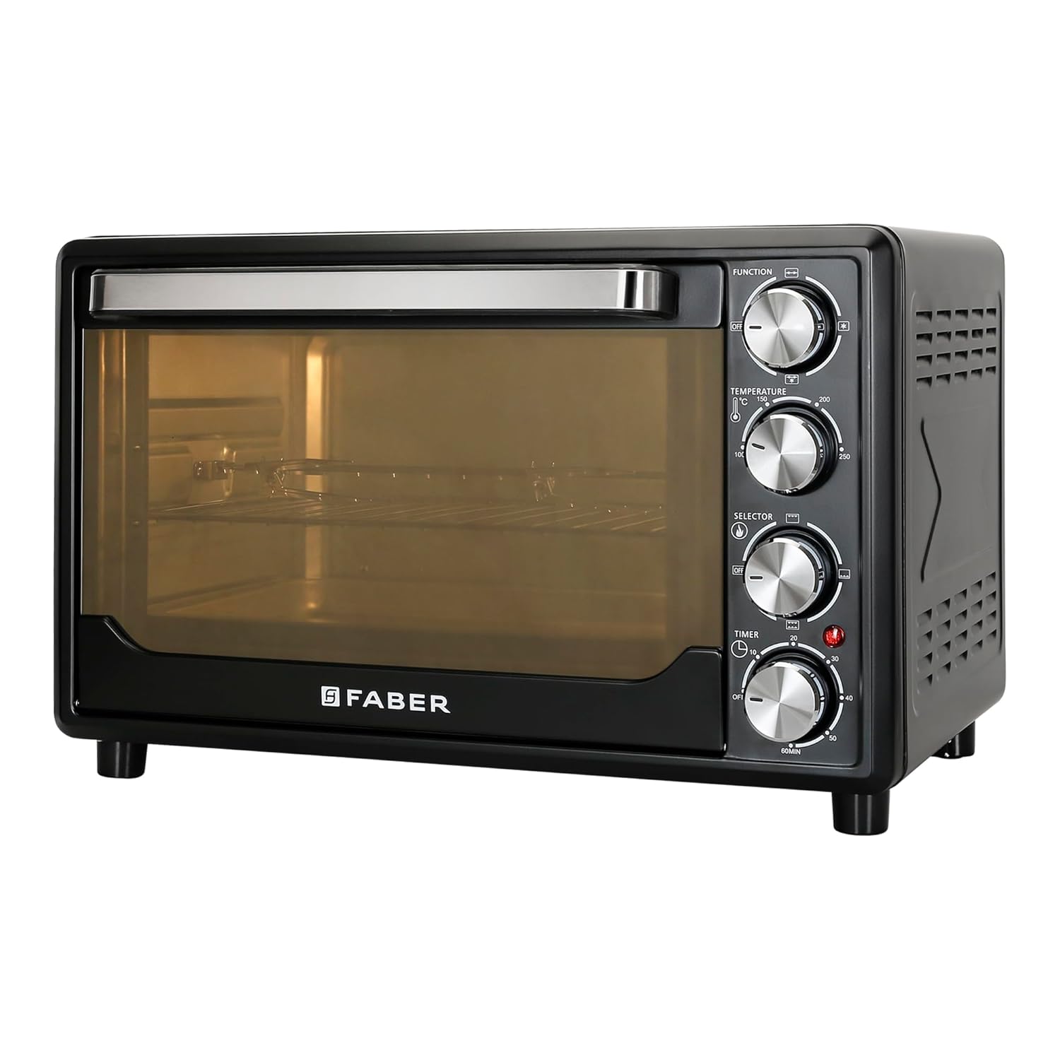 Faber 34L Double Glazed 1600W OTG|Bake, Toast, Roast, Grill|6 Functions, Upper & Lower Heating, Rotisserie, 360° Convection,Crumb Tray, Double Glaze Glass|Bake Plate, Pizza Plate, Silicon Gloves|Black