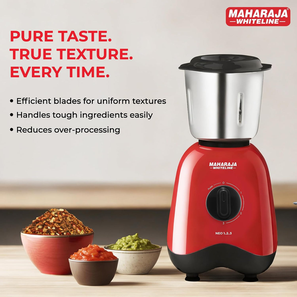 Maharaja Whiteline Neo 1..2..3 Mixer Grinder | 500 W Motor, 20,000 RPM | Long Running Time, Cooler Operation | Durable Coupler, Vacuum Foothold | Stainless Steel Blades | 2 Versatile Jars