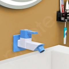 Plantex PTMT ES-111 Bib Cock Polished Water Tap For Bathroom With Water Saving Aerator/Bib Tap With Teflon Tape And Plastic Wall Flange (Blue & White)-2