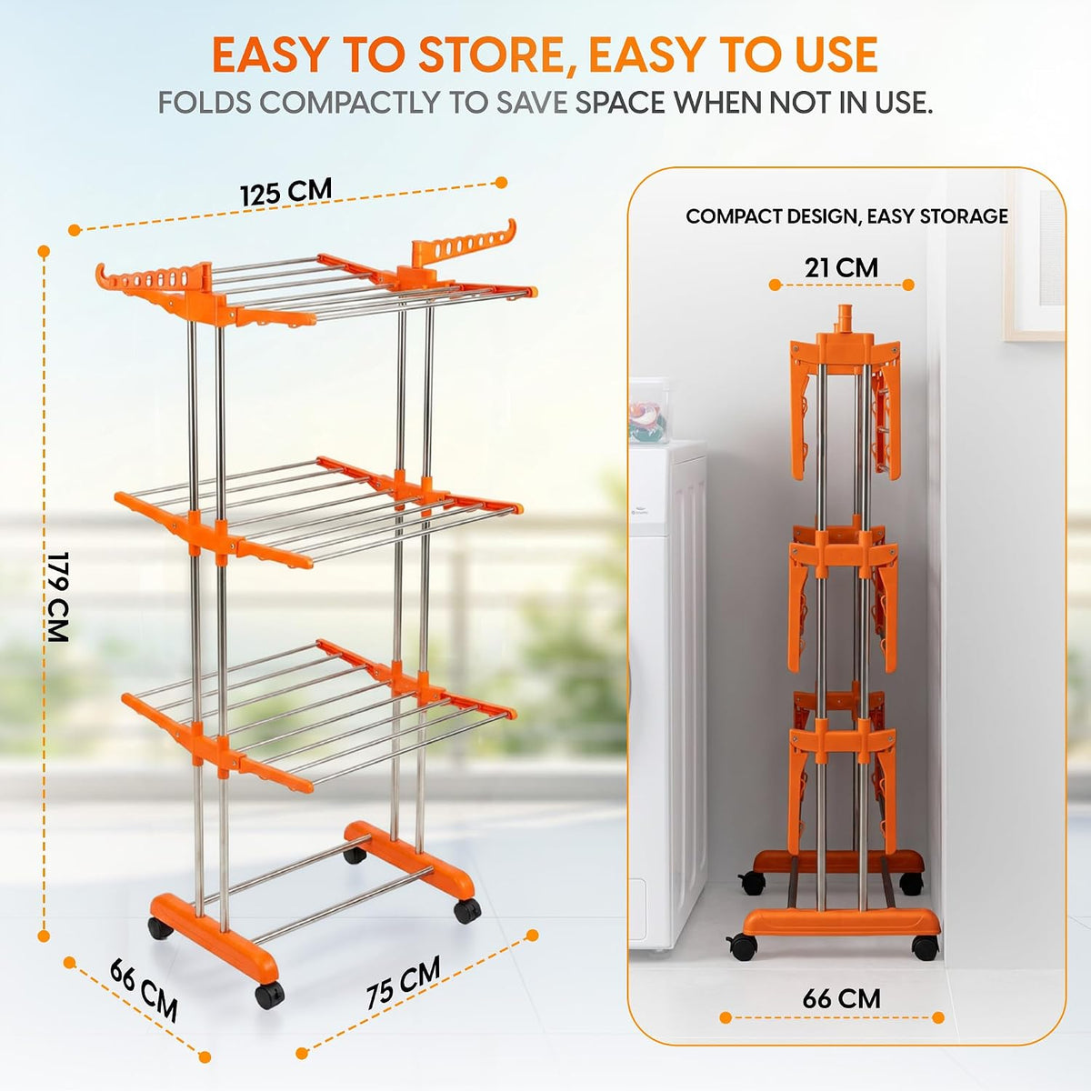 HOUZA Stainless Steel Clothes Drying Stand | 3 Layer Foldable Cloth Dryer Stand with Wheels | 6 Foldable Wings - Orange