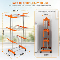 HOUZA Stainless Steel Clothes Drying Stand | 3 Layer Foldable Cloth Dryer Stand with Wheels | 6 Foldable Wings - Orange