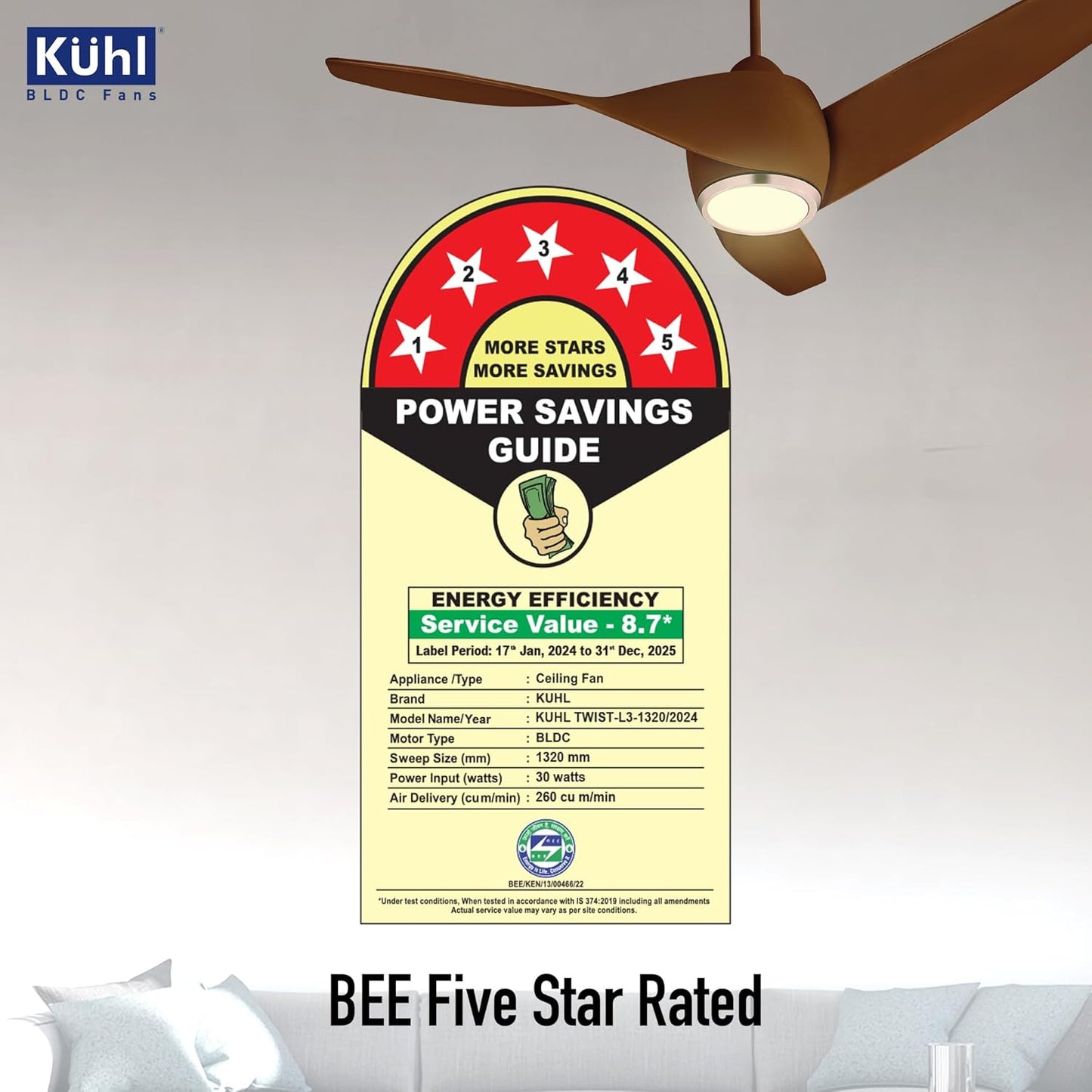KUHL Twist L31320 mm 65% Power Saving BLDC Ceiling Fan | BEE 5 Star Rated & ISI Marked | High Air Flow |5YearWarranty on Motor By Brand |Free Installation | IoT – Operate via Mobile & Alexa | Brown