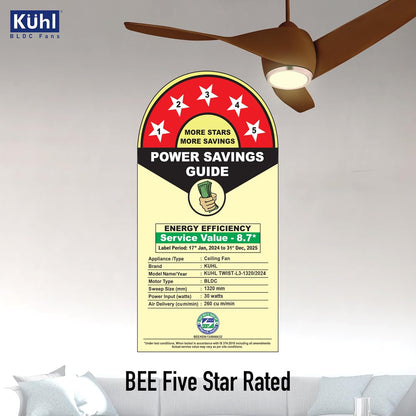KUHL Twist L31320 mm 65% Power Saving BLDC Ceiling Fan | BEE 5 Star Rated & ISI Marked | High Air Flow |5YearWarranty on Motor By Brand |Free Installation | IoT – Operate via Mobile & Alexa | Brown