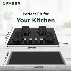 Faber 4 Burner 90cm Eros Hob |Auto-Ignition|Metal Knobs| Cast Iron Pan Support |Hob/Cooktop Hybrid| Black Glass Finish |