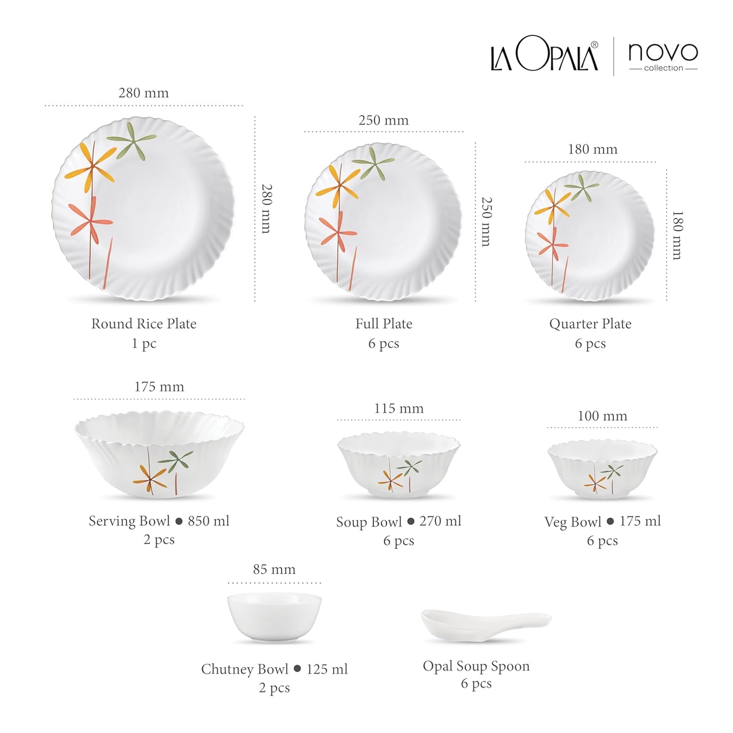 La Opala, Novo Collection, Opal Glass Dinner Set 35 pcs, Autumn Flower, White