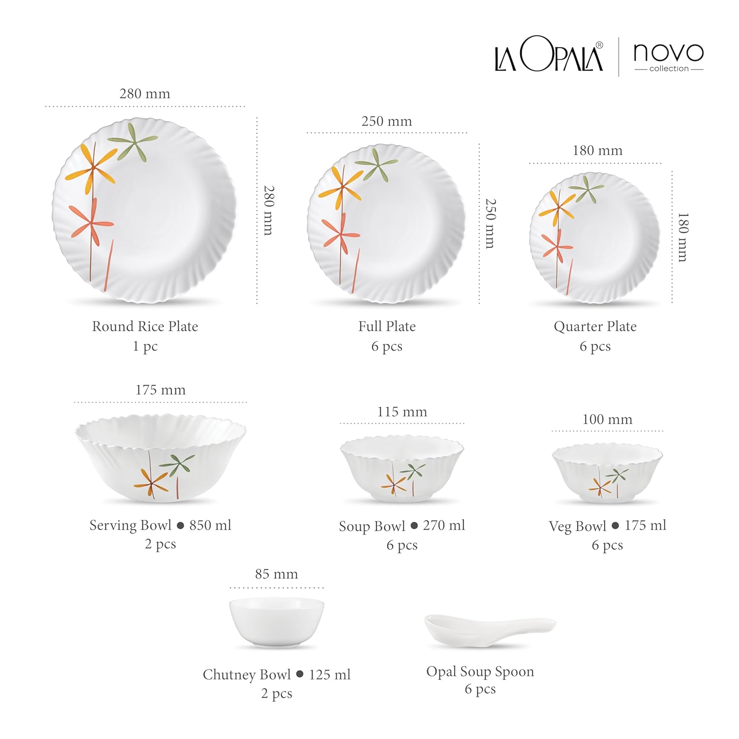 La Opala, Novo Collection, Opal Glass Dinner Set 35 pcs, Autumn Flower, White