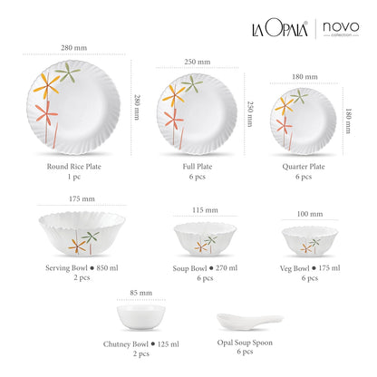 La Opala, Novo Collection, Opal Glass Dinner Set 35 pcs, Autumn Flower, White
