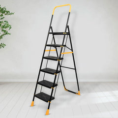 Plantex Premium Steel 6 Step Foldable Ladder for Home use/Heavy Duty Ladder for Home with Anti Slip Steps and PVC Shoes/Portable ladders with Knee Guard Protection (Yellow & Black)