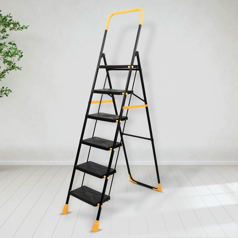 Plantex Premium Steel 6 Step Foldable Ladder for Home use/Heavy Duty Ladder for Home with Anti Slip Steps and PVC Shoes/Portable ladders with Knee Guard Protection (Yellow & Black)