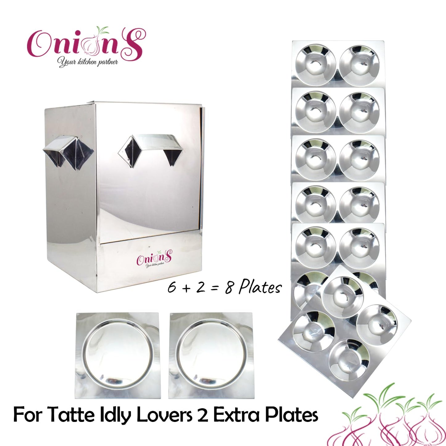 Onions Stainless Steel Cauka/Square/Cubic Idly Cooker 6 Plates comes with 6 Regular Idly & 2 Tatte Idly/Dhokla Plates. Gas Stove and Induction Stove Compactible FOR HOME USE