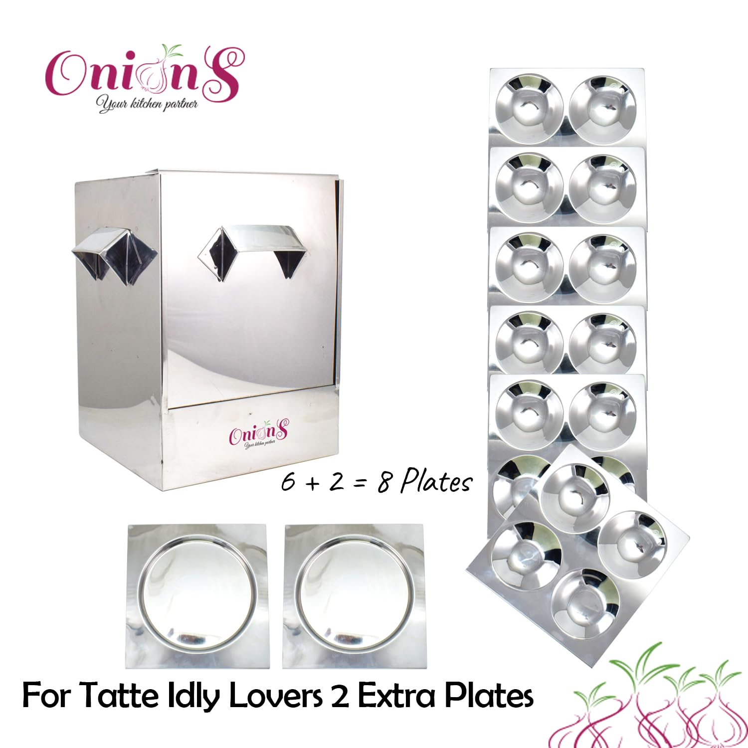 Onions Stainless Steel Cauka/Square/Cubic Idly Cooker 6 Plates comes with 6 Regular Idly & 2 Tatte Idly/Dhokla Plates. Gas Stove and Induction Stove Compactible FOR HOME USE