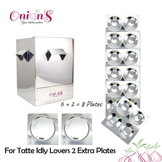 Onions Stainless Steel Cauka/Square/Cubic Idly Cooker 6 Plates comes with 6 Regular Idly & 2 Tatte Idly/Dhokla Plates. Gas Stove and Induction Stove Compactible FOR HOME USE