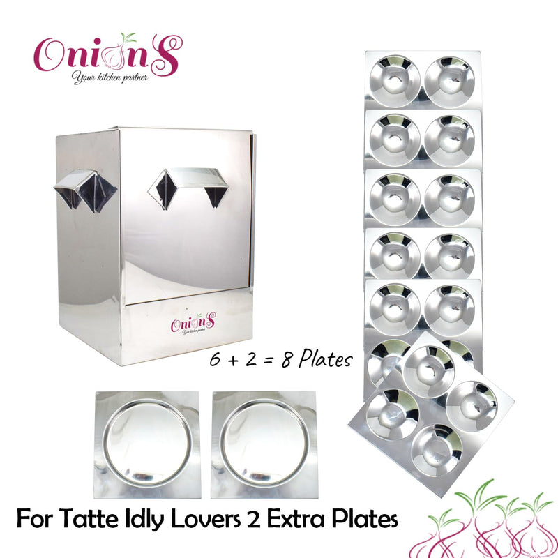 Onions Stainless Steel Cauka/Square/Cubic Idly Cooker 6 Plates comes with 6 Regular Idly & 2 Tatte Idly/Dhokla Plates. Gas Stove and Induction Stove Compactible FOR HOME USE
