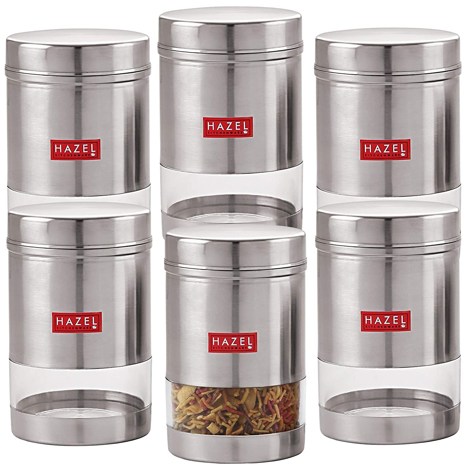 HAZEL Stainless Steel Kitchen Containers| 1 Ltr Each Transparent Kitchen Container Set with Matt Finish | Multipurpose Storage Box for kitchen containers, Set of 6