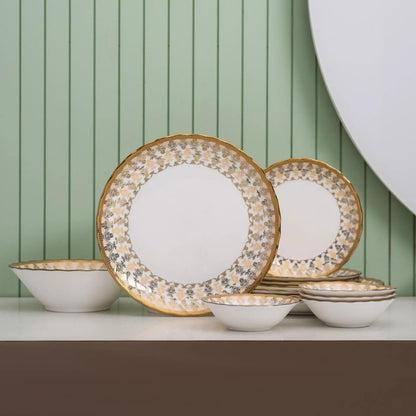 Clay Craft Fine Ceramic Ebony Dinner Set, Enchanting Gold, for Family of 4, Dinner Set Ceramic, Crockery Set, Dining Set for Dinner, Crockery Set for Gift, Kitchen Set (16 Pieces, E649)