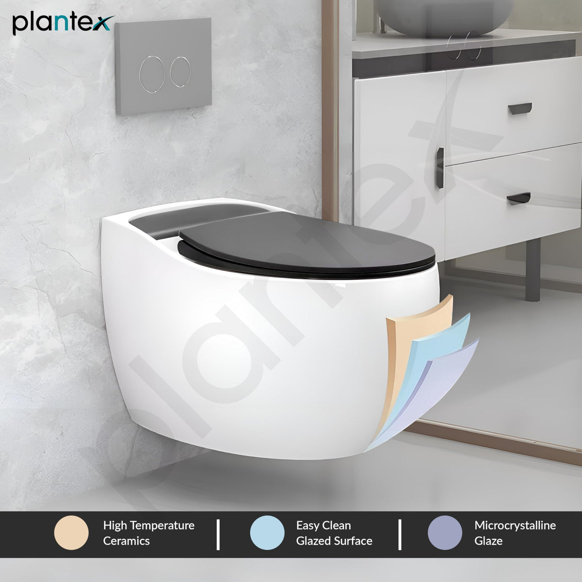 Plantex Imported Commode/Ceramic Wall Hung Commode/Rimless Washdown Western Toilet with Soft Closing Toilet Seat - P Trap Outlet (White and Black)-5