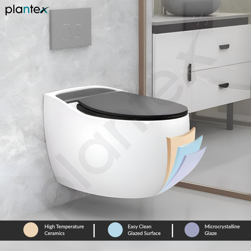 Plantex Imported Commode/Ceramic Wall Hung Commode/Rimless Washdown Western Toilet with Soft Closing Toilet Seat - P Trap Outlet (White and Black)-5