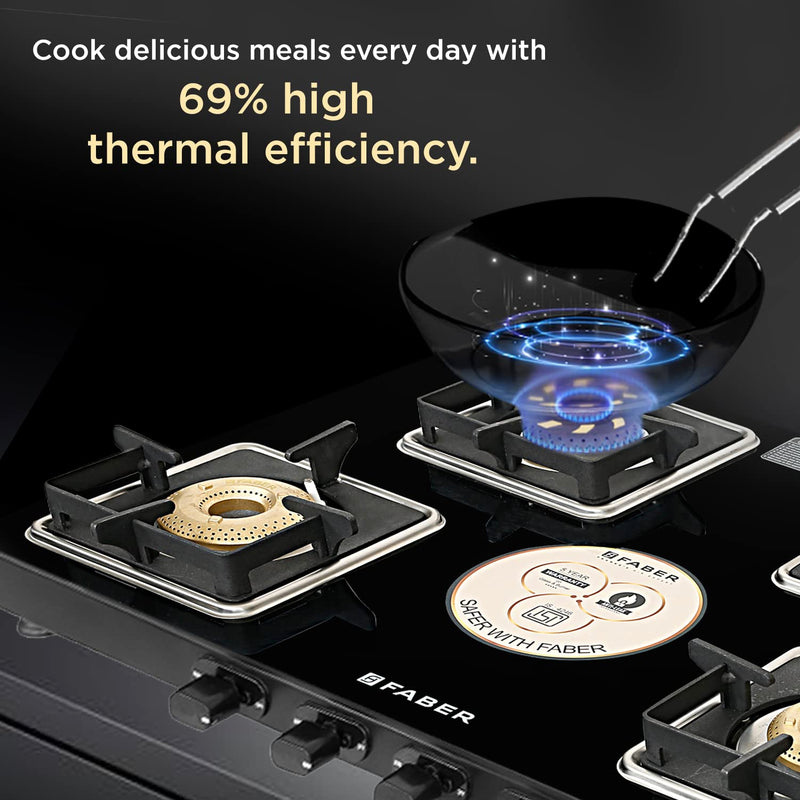 Faber Remo 4 Burner Gas Stove | 1 Jumbo + 1 Medium + 2 Small Brass Burners | Diamond Coated Pan Support | SS Drip Tray |