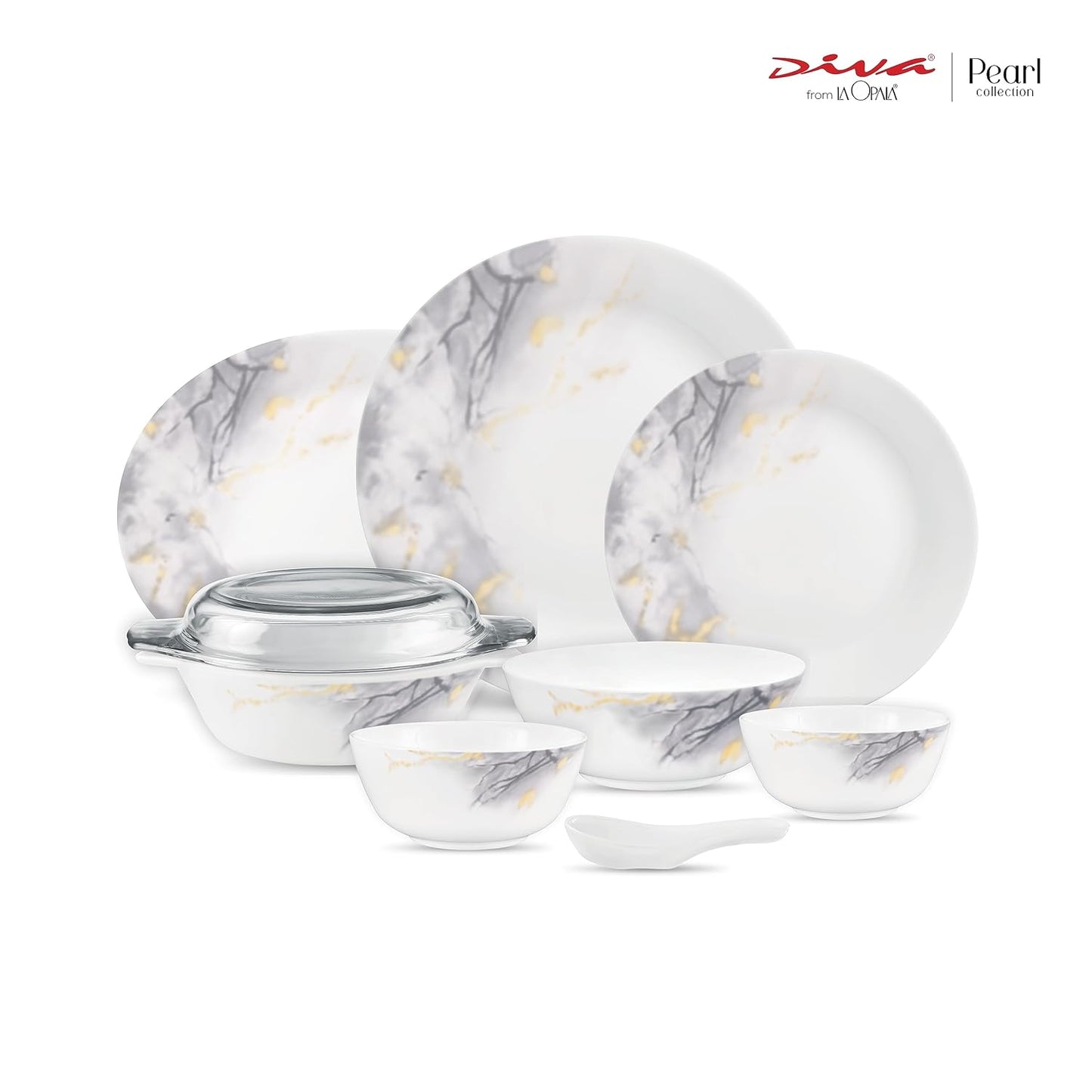 Diva by La Opala, Pearl Collection, Opal Glass Dinner Set 47 pcs, Twilight Clouds, White