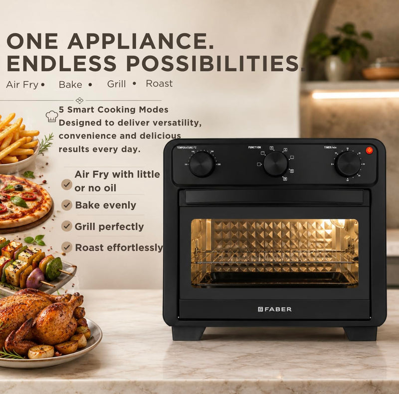 Faber AirOven 24L 1500W| View Window | Bake Tray, Tray Handle & Crumb Tray| Dishwasher safe removable parts | 5 Preset A