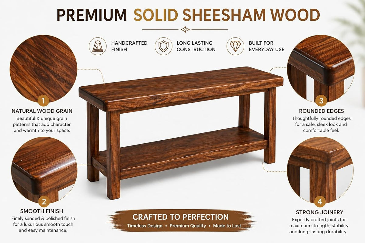 Solid Sheesham Wood Storage Bench with Open Shelf | Wooden Hallway Bench for Entryway, Living Room & Bedroom | 