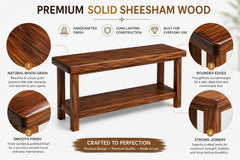 Solid Sheesham Wood Storage Bench with Open Shelf | Wooden Hallway Bench for Entryway, Living Room & Bedroom | 
