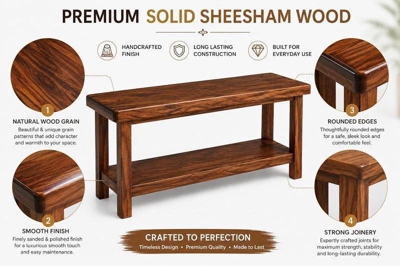 Solid Sheesham Wood Storage Bench with Open Shelf | Wooden Entryway Bench for Bedroom, Living Room & Hallway | 