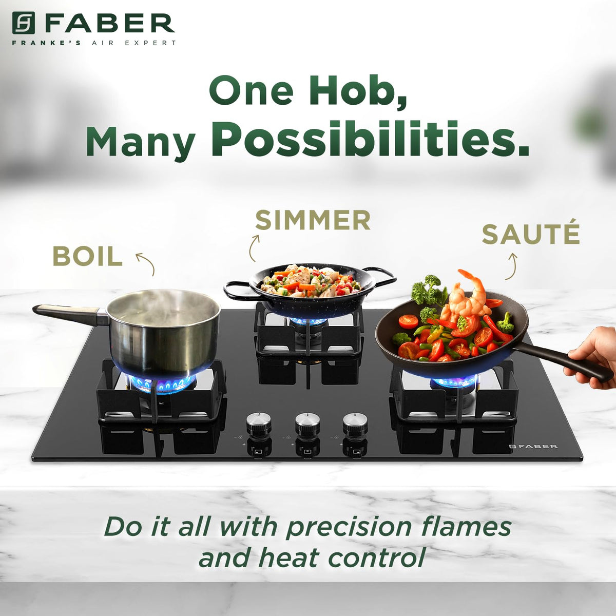 Faber 3 Burner HCT 78 cm Hob| Brass Burners| Bakelite Knobs| Cast Iron Pan Support | Hob/Cooktop Hybrid Toughened Glass 