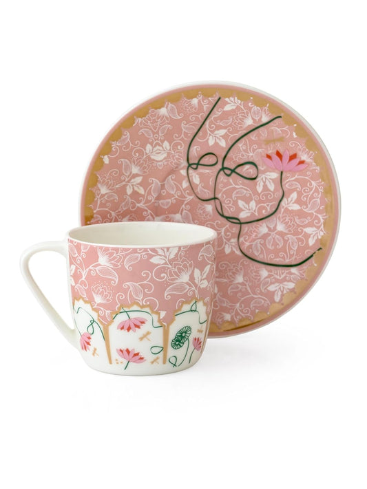Clay Craft Fine Ceramic Printed Tea/Coffee Cup and Saucer Set of 12 (6 Cups + 6 Saucers) - 180 ml Each (Pink)