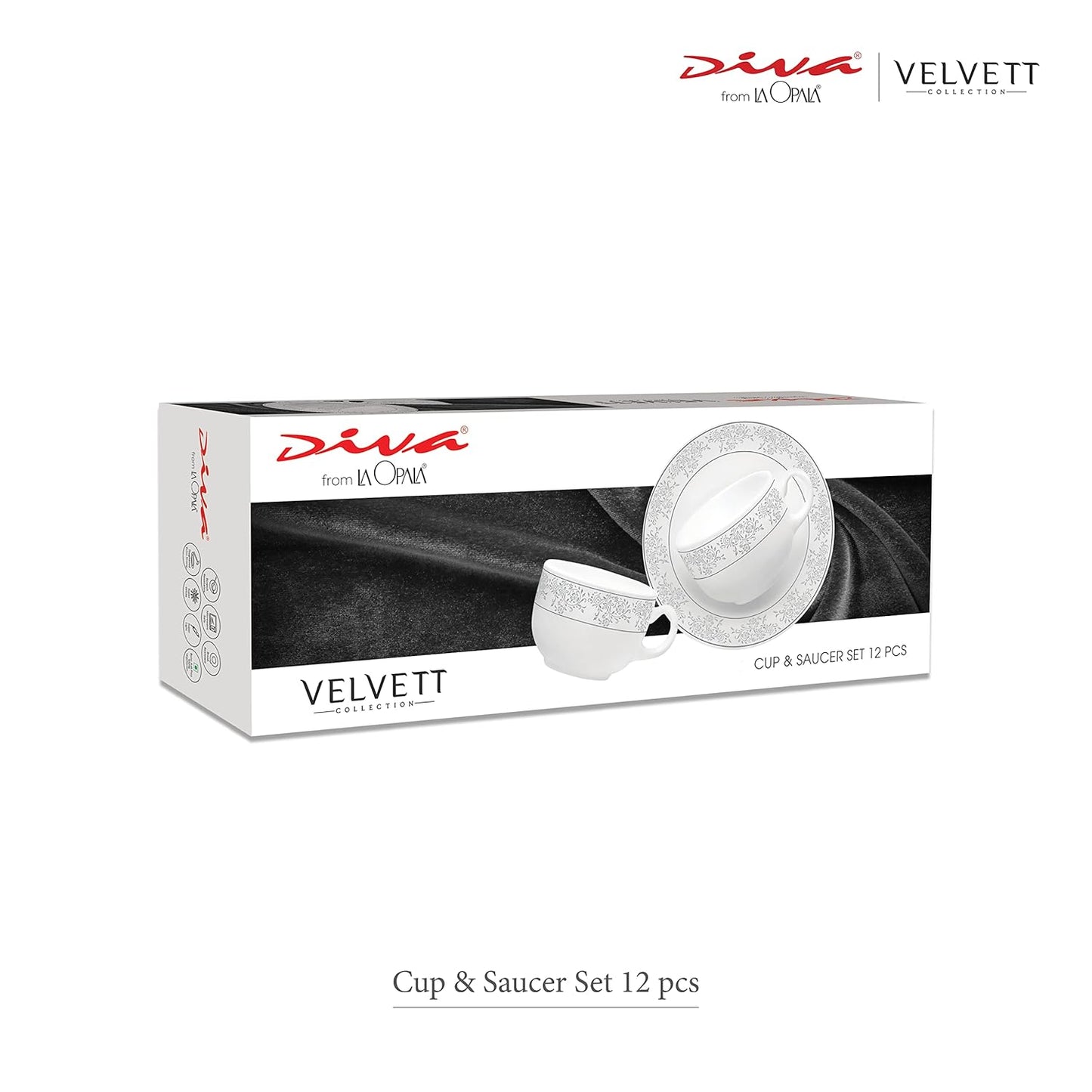 La Opala Diva, Velvett Collection Opal Glass Crockery | Cup & Saucer, Set of 12 | Aria Grey, 160 ml | for Tea & Coffee | Microwave Safe | 100% Vegetarian | Extra Strong | Super Light | Super White