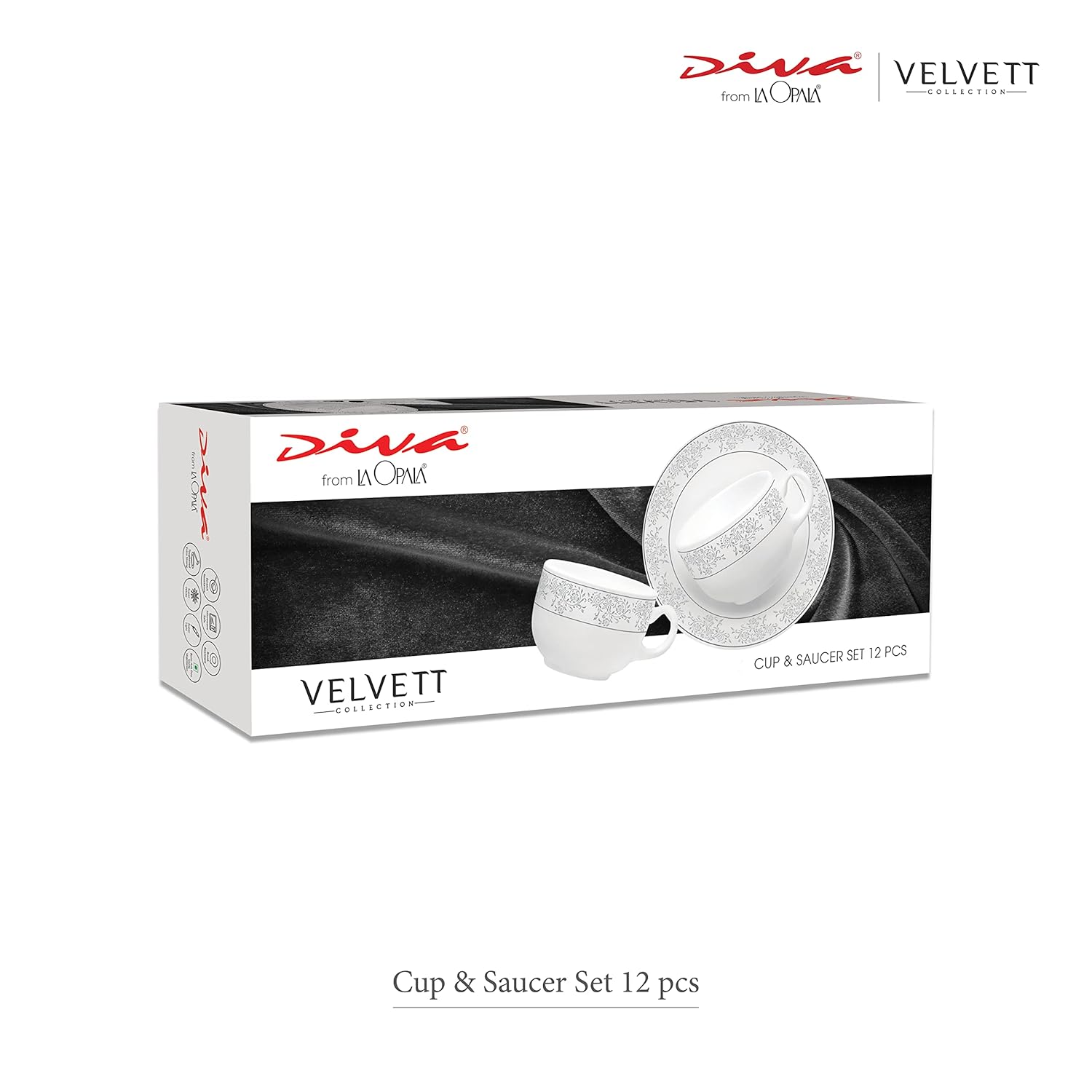 La Opala Diva, Velvett Collection Opal Glass Crockery | Cup & Saucer, Set of 12 | Aria White, 160 ml | for Tea & Coffee | Microwave Safe | 100% Vegetarian | Extra Strong | Super Light | Super White