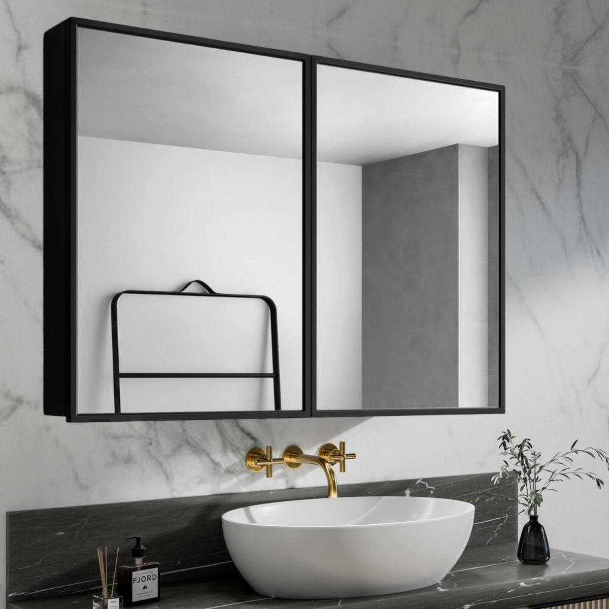 Plantex Bathroom Cabinet with Mirror/Aluminium Framed Double Door Bathroom Cabinet Storage/Mirror Cabinet for Bathroom Wall/Bathroom Organiser Cabinet (24x32 Inch, Black)-6