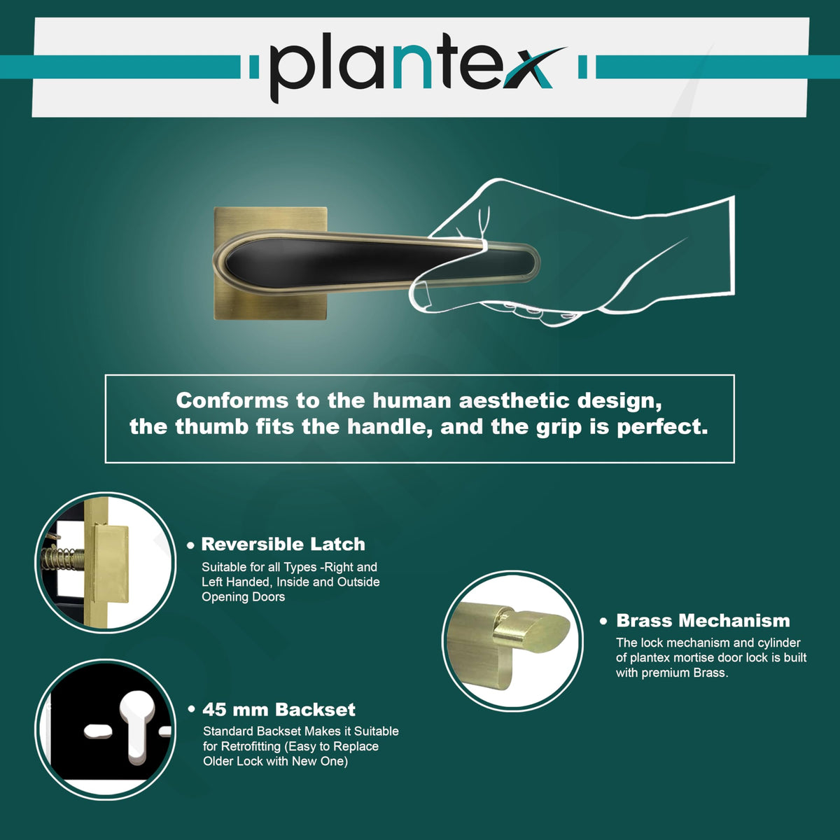 Plantex Main Door Lock/Mortise Lock for Doors - Robust Door Handle for Home with Brass Locks Body & Cylinder (PT-014, Brass Antique & Black)-6
