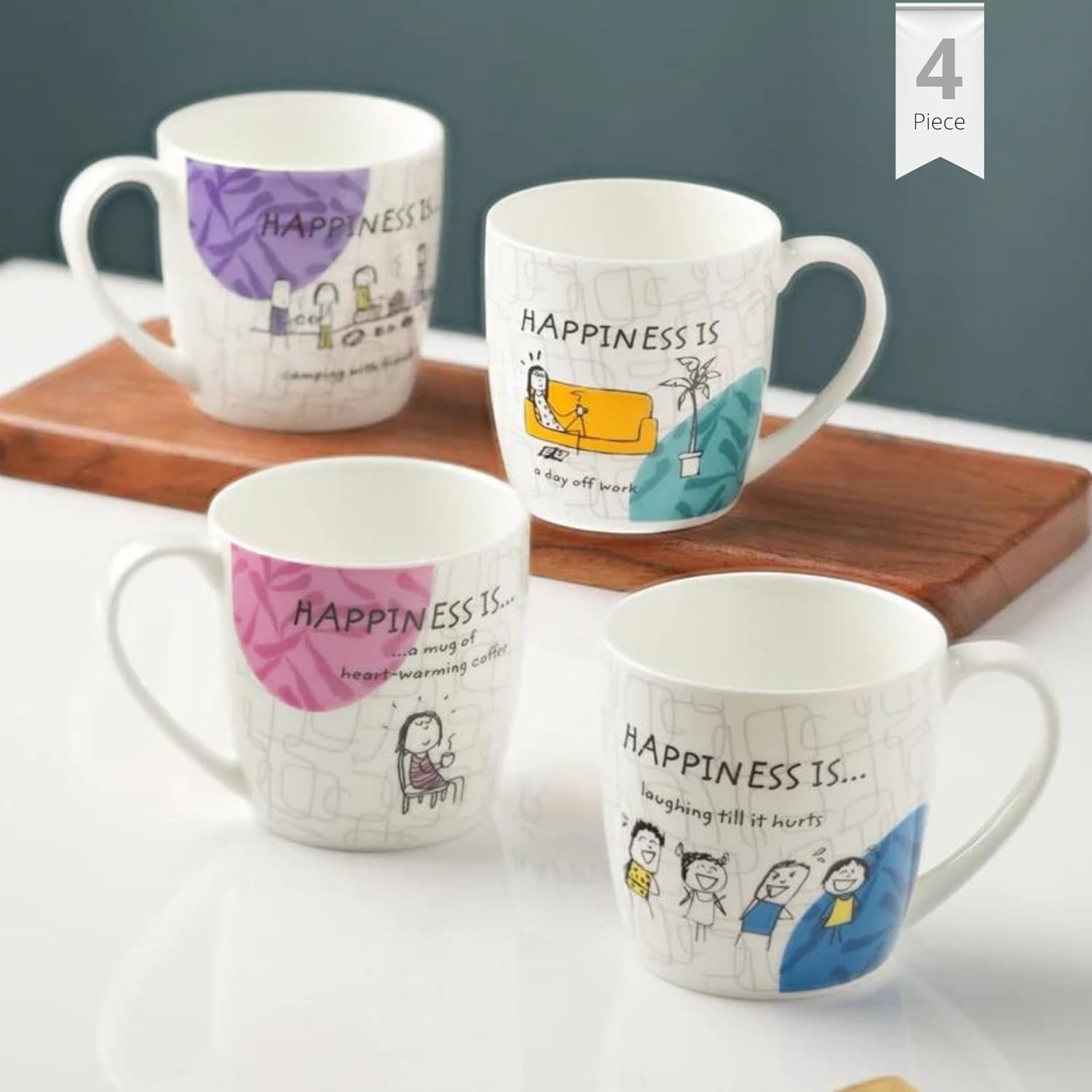 Clay Craft Fine Ceramic Happiness is Alton Delight Printed Coffee & Tea Cups, 220ml, Set of 4, Multicolor