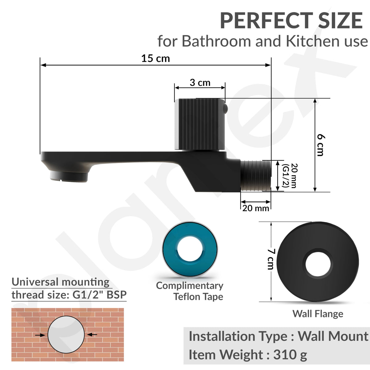 Plantex Single Knob Long Body Bib Tap for Bathroom with Water Saving Aerator/Tap for Wash Basin with Brass Spindle/Wall Mount Bib Tap with Wall Flange and Teflon Tape (Black)-4