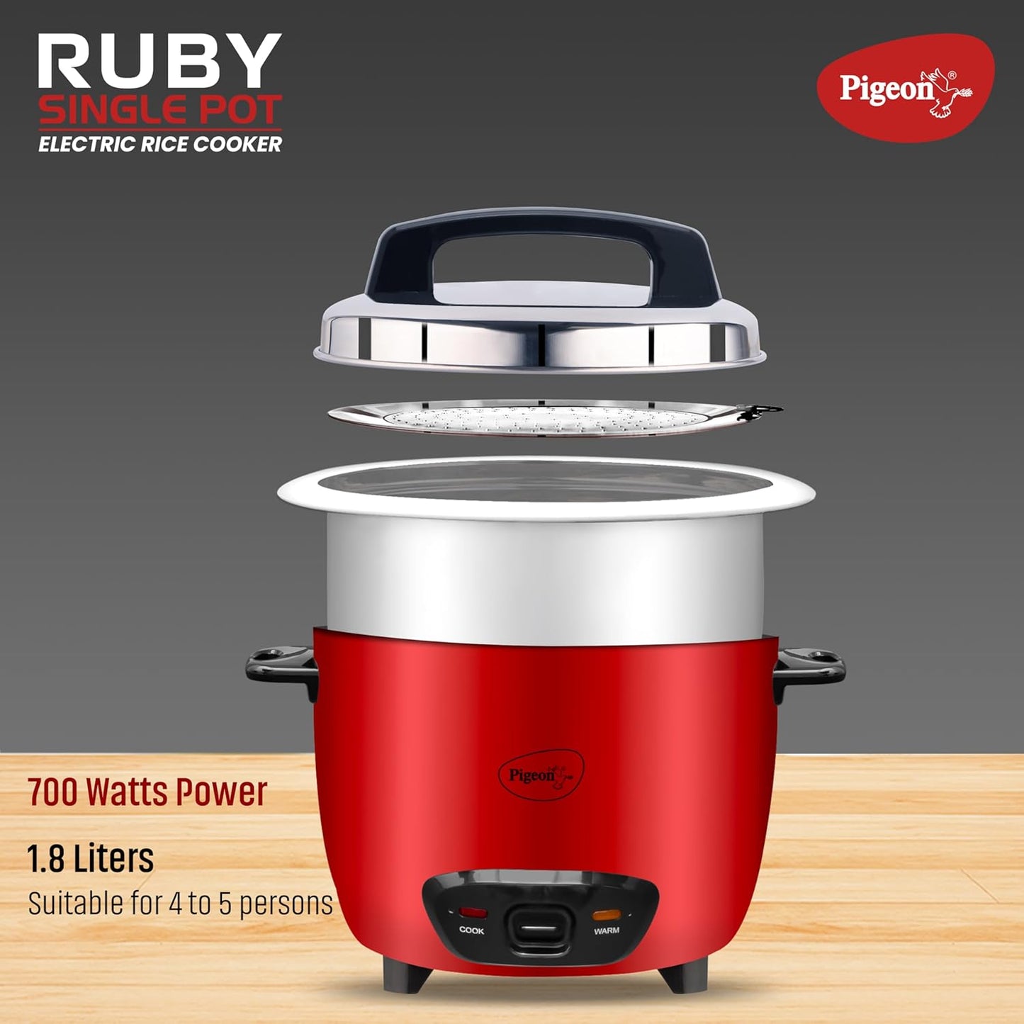 Pigeon by Stovekraft Ruby Rice Cooker with Single pot, 1.8 litres.(Red) | Toughened Glass Lid | 700 Watts | 1 Aluminium Cooking Pot | Measuring Cup| Spatula | Energy Efficient Cooking