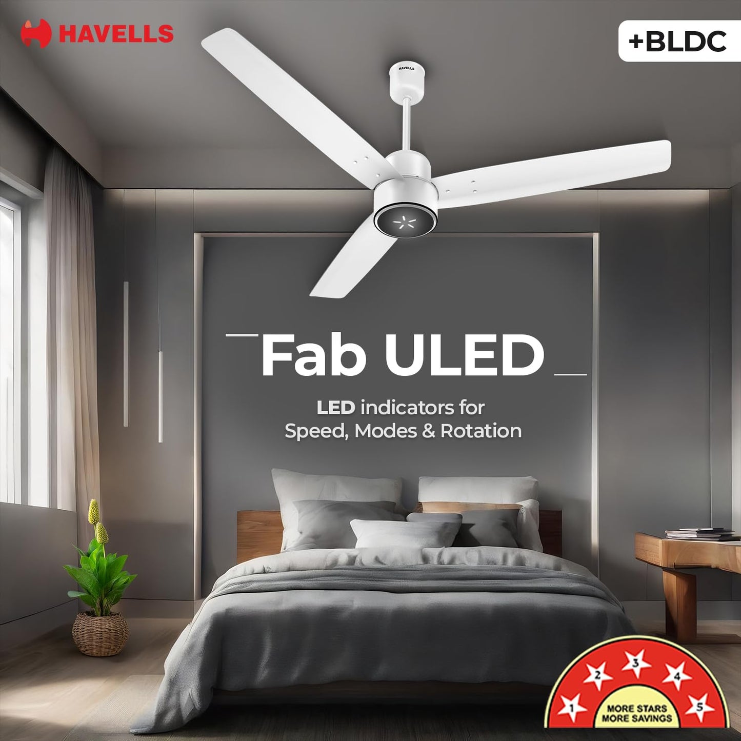 Havells FAB BLDC ULED Ceiling Fan 1200mm, 5 star, LED Speed Indicator, 380 RPM, Up to 65% Savings, Reverse Rotation,4 Speed Modes, Low Wattage 30W, Low Noise, Air Flow:225 CMM, 3 Year Warranty, White