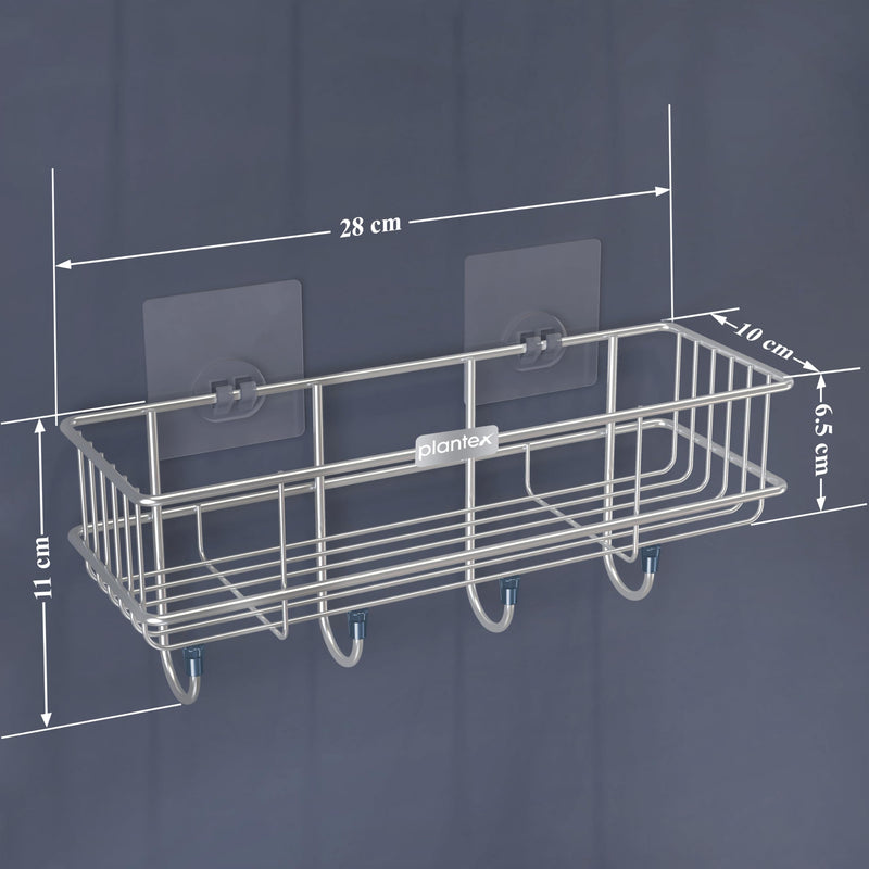 Plantex Stainless Steel Bathroom Organiser Without Drill/Multipurpose Shelf with Hooks/Drill Free Shampoo Holder for Bathroom - Wall Mount - Pack of 2 (Chrome)-2